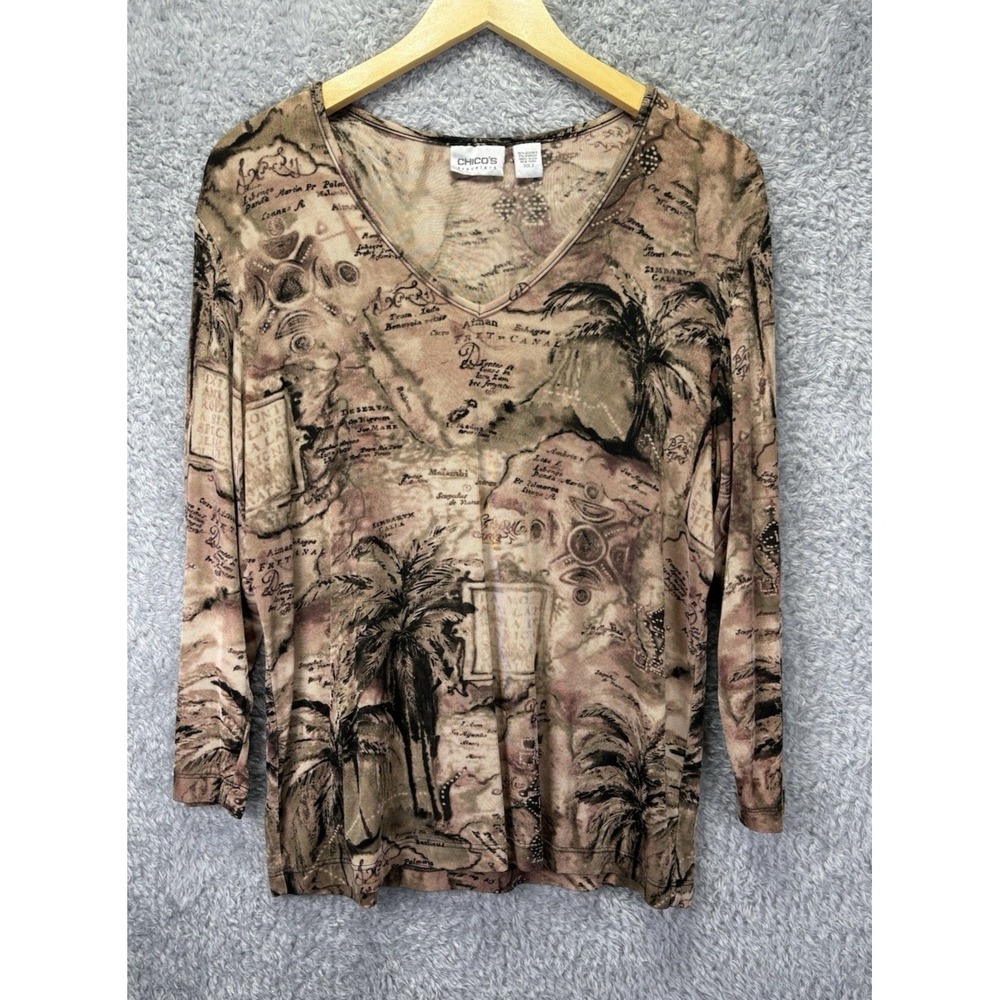 Vintage Chicos Travelers Brown Palm Tree Vacation Top V-Neck Sz 2 Large Tropical